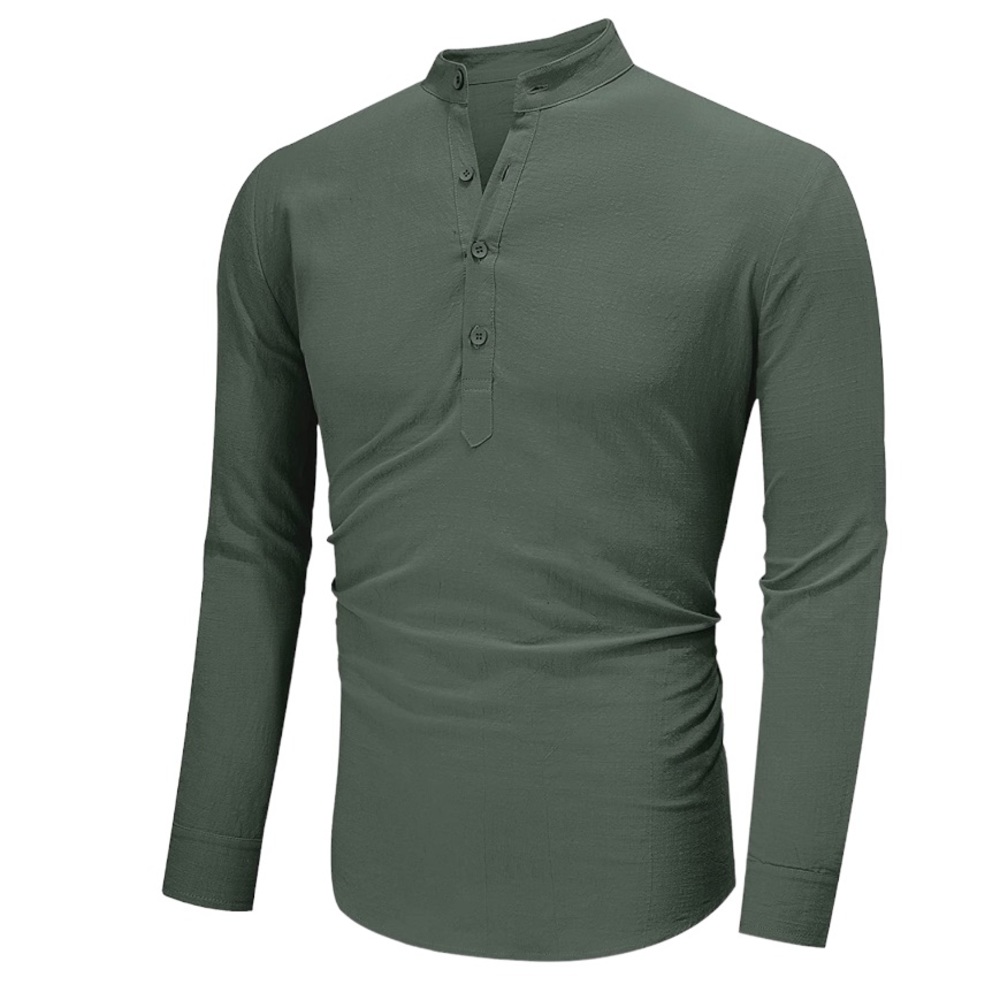 NEW! Casual Cotton Linen Henley Shirt Long Sleeve Army Green Size Extra Large